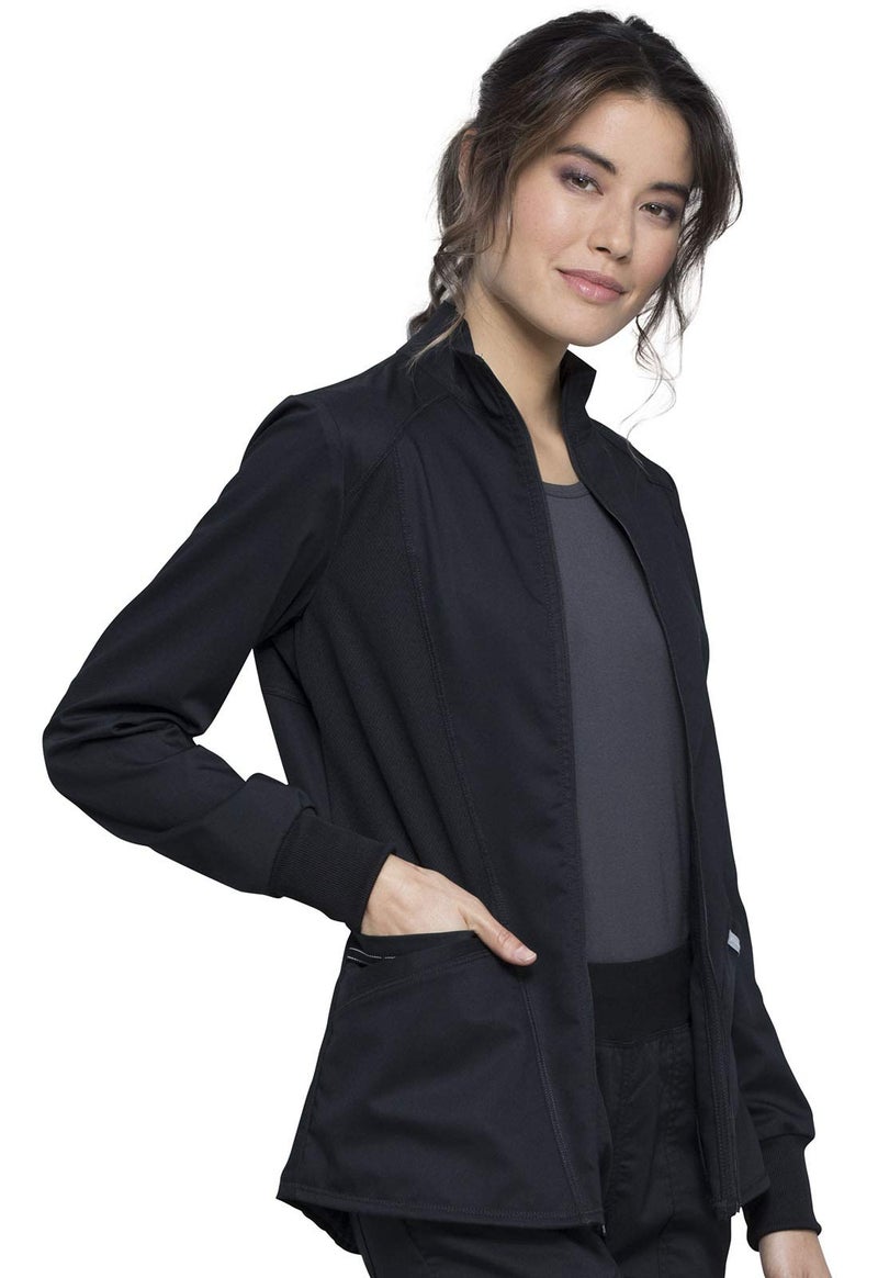 Cherokee Scrub Jacket for Women Zip Front High-Low Medical Uniform, 3 Pockets, Mesh Detail, Ultra Soft 2-Way Stretch - WW301, S, Black - Image 5